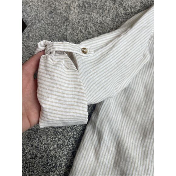 Chico’s No-iron Button-up Linen Roll Sleeve Blouse Size 2 Large Tan White Stripe - Picture 6 of 9